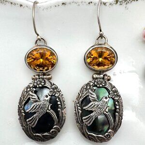 Citrine Mop Shell Sterling Silver Bird Floral Earrings Gemstone Drops 18 Grams